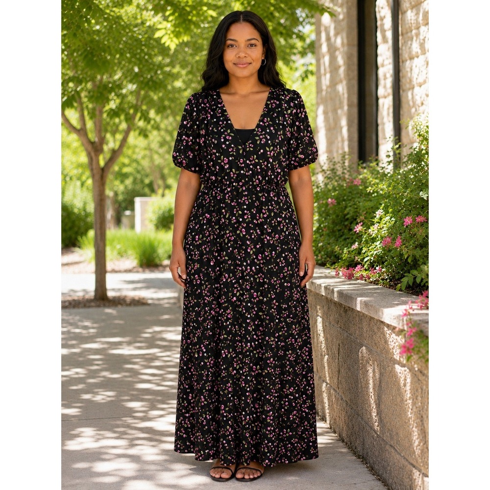 Betsey Johnson Size 16 Fruit Print Maxi Dress Lined Modest Feminine V Neck Boho